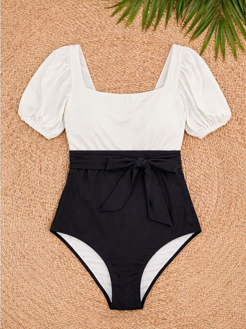 CIDER One Piece Swimsuit Size 2XL Black White Puff Sleeve Tie Waist Square Neck